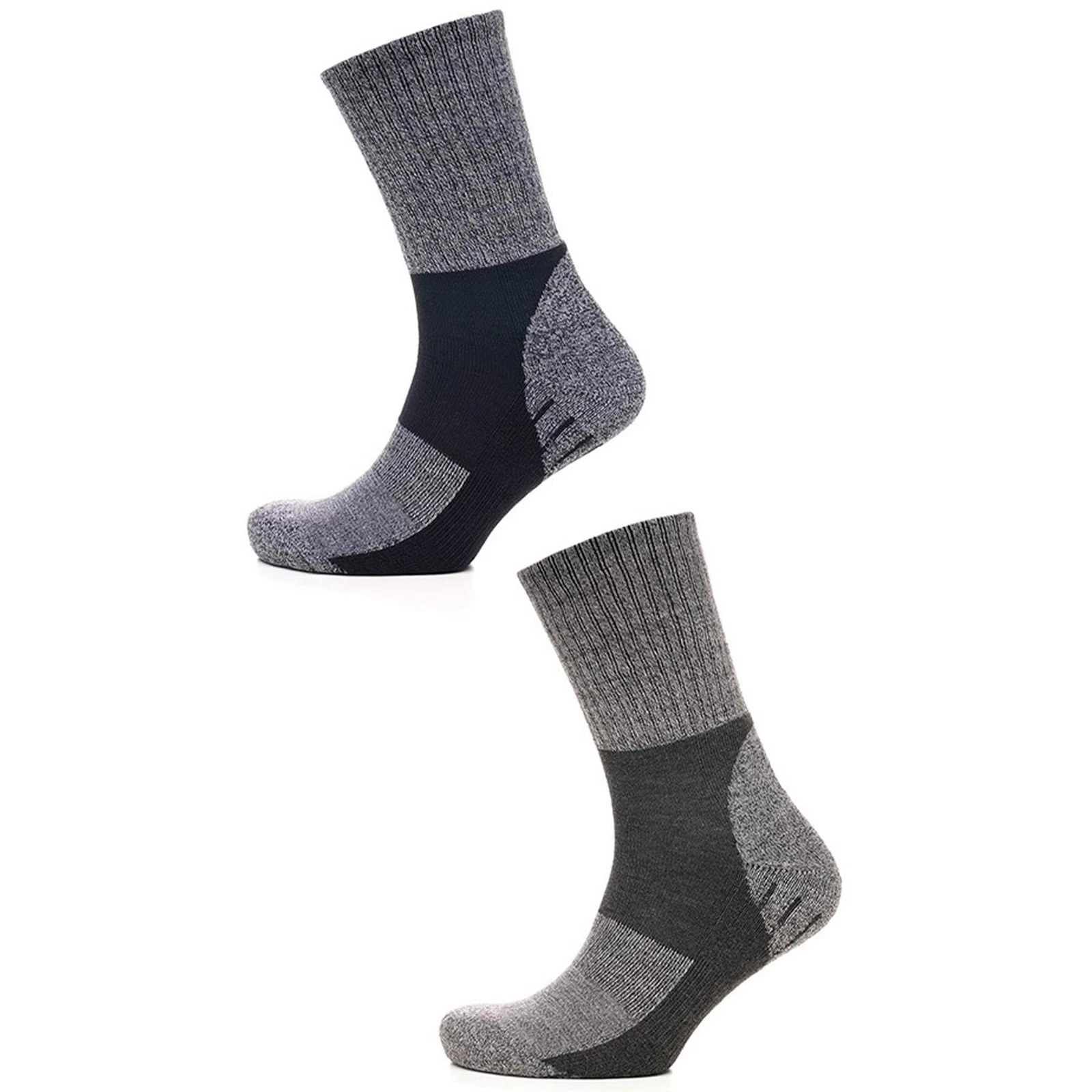 Mens Trekking Socks 2 Pack Grey Mix Cushioned Heel & Sole Outdoor Hiking Socks