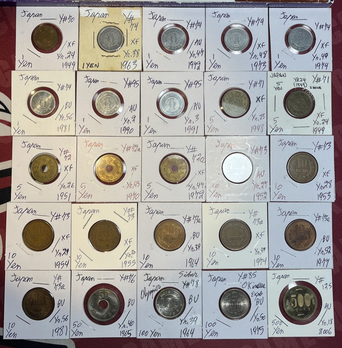 Japan 1948 - 2006 One 1, 5, 10, 50, 100 & 500 Yen XF - BU 25 Coin Lot, 1  Silver