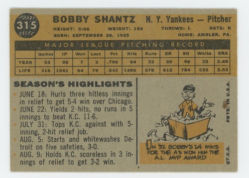 Topps 1960 Baseball Card UNGRADED #315 Bobby Shantz New York Yankees - Picture 2 of 2