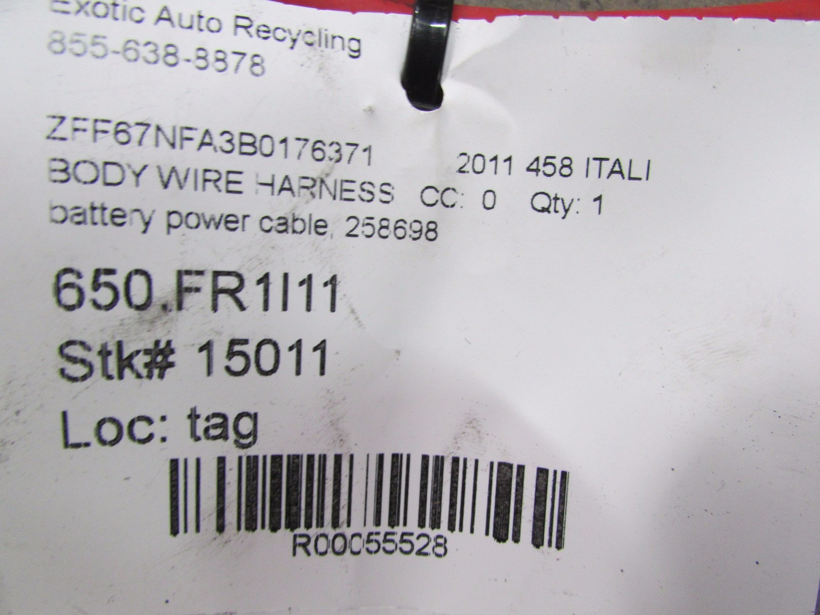 Ferrari 458 Italia, Positive Battery Cable Wire Harness, Used P/N 258698