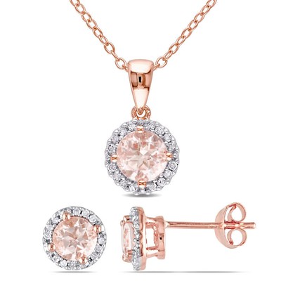 AMOUR 2-pc Set Of Morganite and 1/6 CT TW Diamond Halo Stud Earrings and