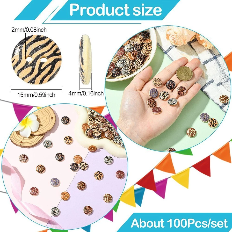100pcs Round Flat 2-Hole Wood Buttons Brown Printed for DIY Sewing Cloth Crafts - Image 3 of 4