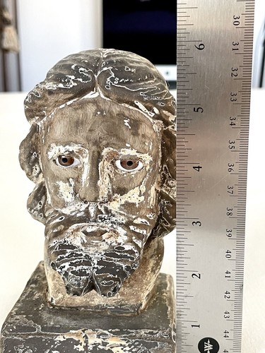 VINTAGE PAIR HAND CARVED WOOD SANTOS APOSTLE HEAD MALE SAINT WITH GLASS EYES - Picture 9 of 24