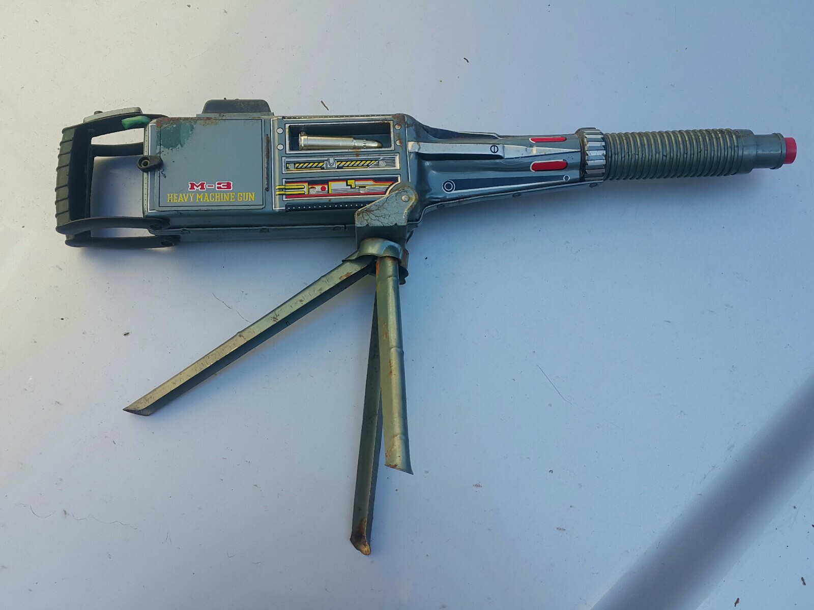 VINTAGE MACHINE GUN M3 JAPAN MOVING BARREL TIN TOY BATTERY OPERATED 21