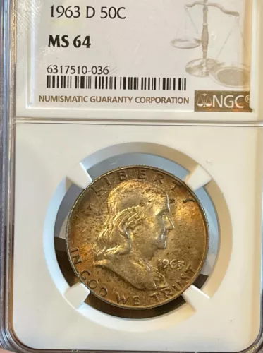 1963-D FRANKLIN HALF DOLLAR,GRADED BY NGC MS 64 OUTSTANDING COIN (#036)