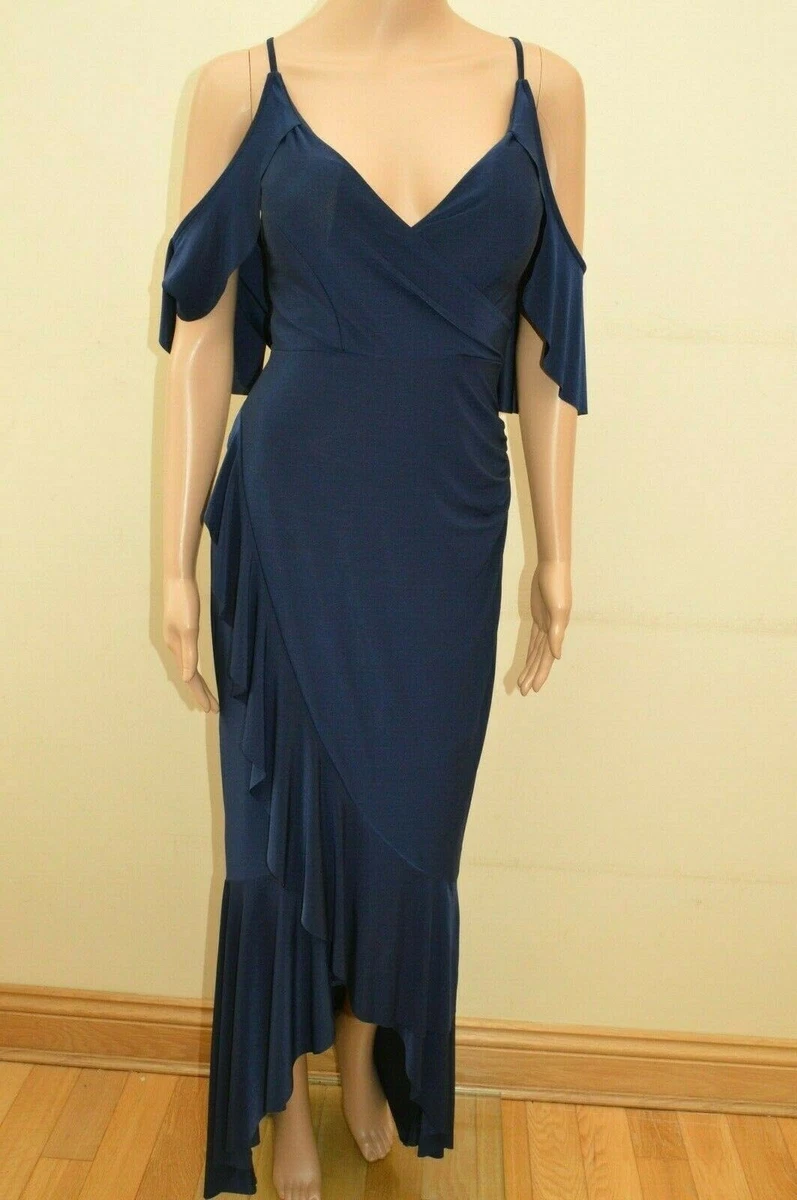 New Lipsy Navy Blue Slinky Wrap Frill Cold Shoulder Maxi Dress Sz
