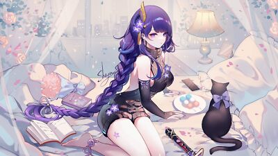 Anime raiden shogun genshin impact cats in bed virgin Custom Gaming Mat Desk