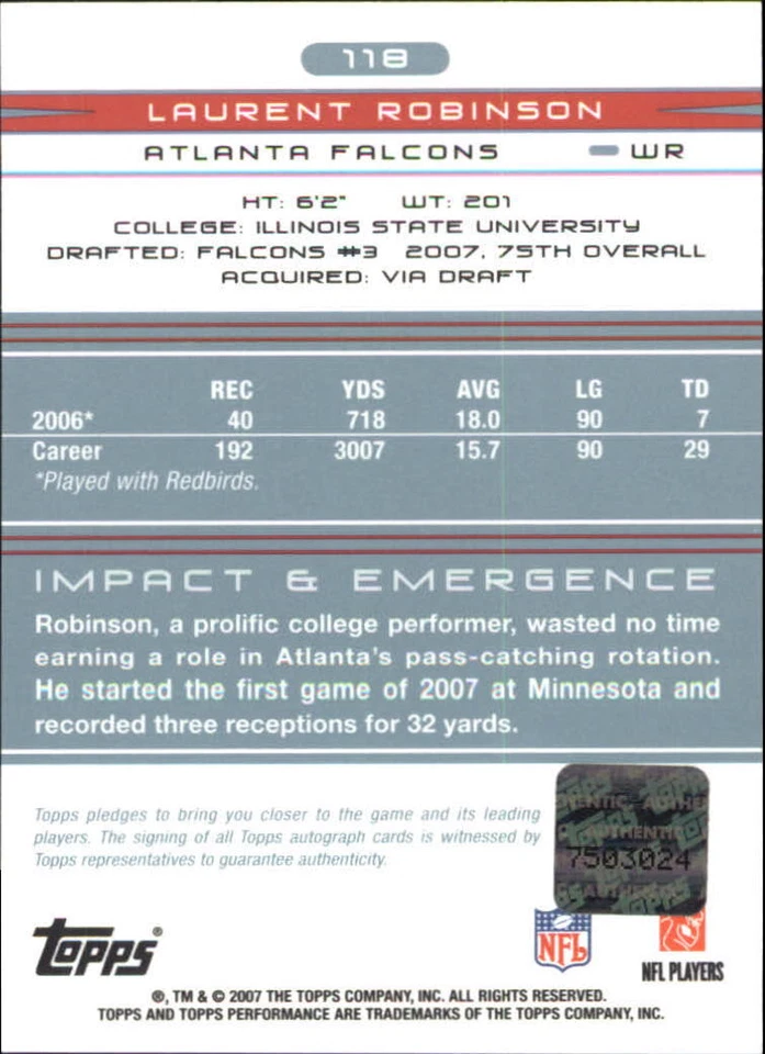 B4753- 2007 Topps Performance Rookie Autographs #118 Laurent Robinson F Auto - Image 2 of 2