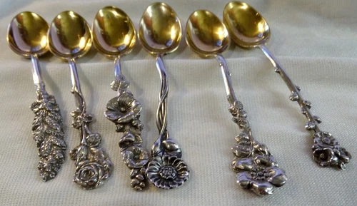 Reed & Barton Sterling 6 Different Flowers Gold Wash Bowls 4" Demitasse Spoons