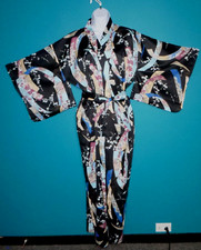 Vtg 70s Ichi Ban Kimono Robe Asian Floral Black Blue Metallic Gold O/S