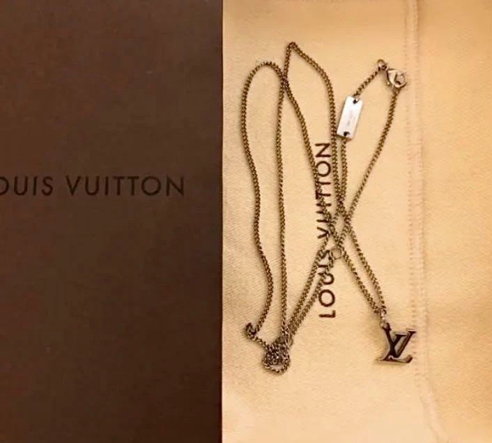 Louis Vuitton Necklace Unisex M62485 Silver LV Logo Auth W/Box, Storage Bag