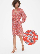 Gap Perfect Long Sleeve Pleated Tie-Waist Shirtdress,Red Floral SIZE S #418587
