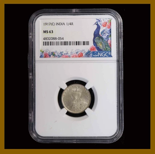 British India 1/4 Rupee Silver, 1917 (C) Calcutta NGC MS 63 King George V