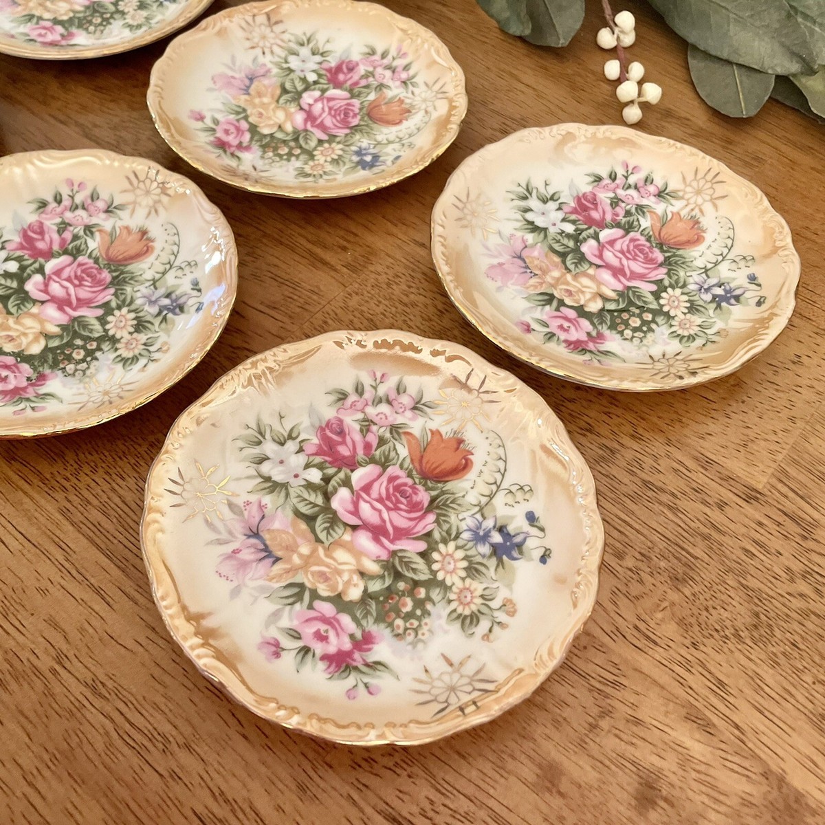 Vintage KPM Lusterware Saucer Set of 6 Gold Floral Botanical