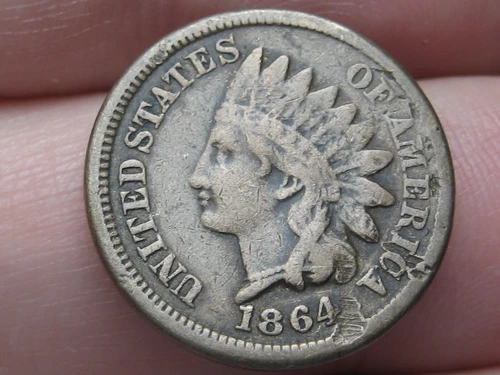 1864 Copper Nickel CN Indian Head Cent Penny- Fine Details, Partial LIBERTY