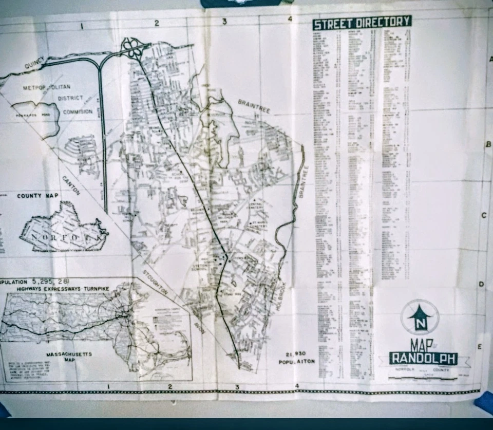 Mapa plegable Randolph, MA 1960 calles pueblos autopista de peaje Norfolk Co & población Foto 2 de 4