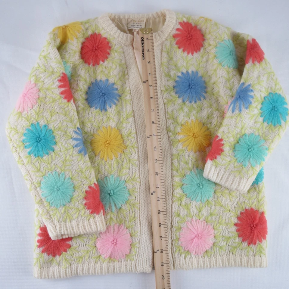 Vtg. 60s 70s Cyn Les Shirlee Designs Wool Sweater Cardigan Floral Applique Small - Image 2 of 4