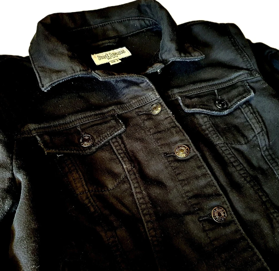 Just Jeans Women's Denim Jacket Size 8 Black Biker Style Distressed Finish Coat - image 3 of 4