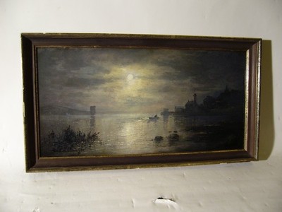 Munich School Karl Max Heilmayer: Wasserburg am Lake Constance Moonlight Full Moon