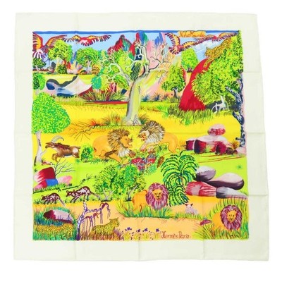 Hermes Carre90 NUBA MOUNTAIN Scarf Silk White Multicolor Animal Woman