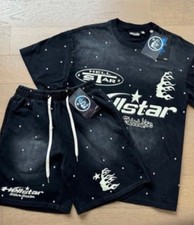 Hellstar Red Black Sweat Shorts & T-Shirt Set Drawstring Pockets Men's Casual