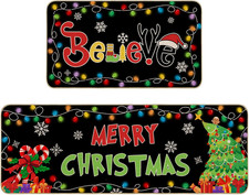 Christmas Kitchen Rugs Set of 2, Colorful Rainbow Lights Green Xmas Trees Kitche