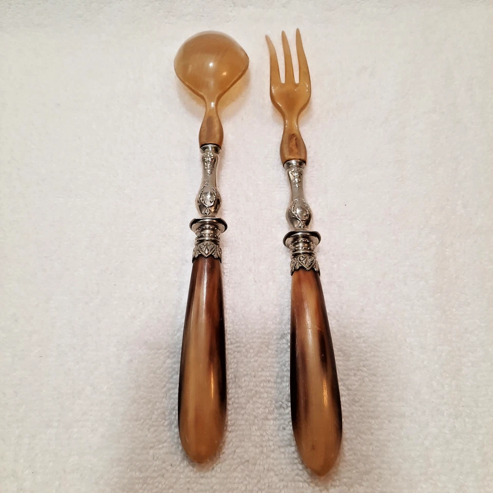 Antique French Horn & Silver Salad Serving Set Spoon and Fork Hand Made 11.25"L - Image 2 of 4