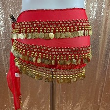 Red Belly Dance Hip Scarf Gold Coin Bead Chiffon Wrap Belt Festival One Size