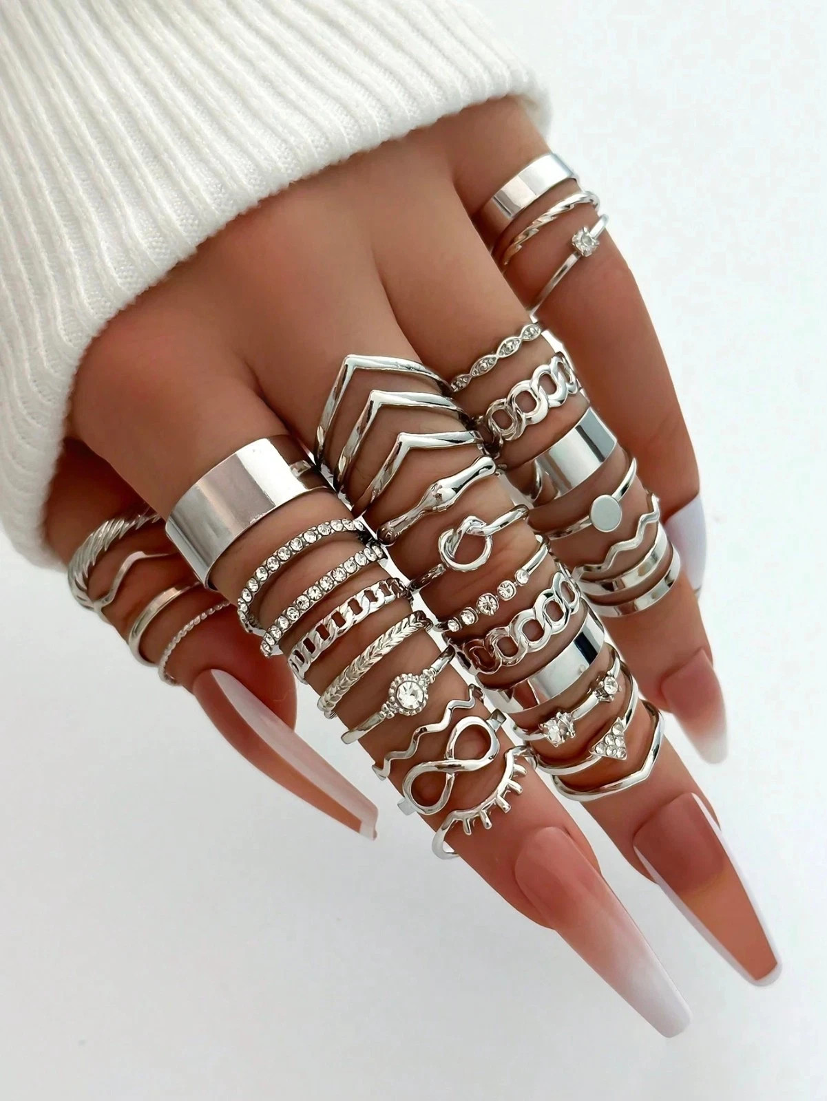 30Pcs Silver Ring Set Women Boho Knuckle Midi Stacking Rings Rhinestone Jewelry 