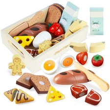 Wooden Play Food Sets for Kids Kitchen, Breakfast Food Toys for Toddlers 3 Y...