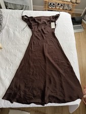 Zara NWT Women’s Chocolate Brown Silk Maxi Dress L Cowl Neckline Elegant Flowy