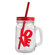 Glass Mason Jar with Reusable Straw Love Design Valentine's Day