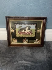 Victorian Needlepoint Antique King Charles Spaniel Dog Portrait Framed Art 18x24