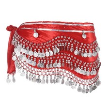 Belly Dance Hip Scarf 59x11" with 248 Silver Coin, Red
