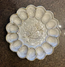 Vtg  California Pottery Originals Deviled Egg Platter Cream W/ Gold Speckles 