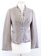 Rebecca Taylor Gray Taupe-Pink Herringbone Tweed Ruffle Wool Blazer Jacket Sz 4