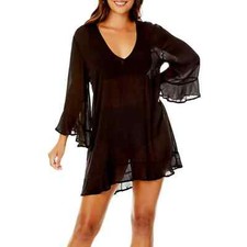 Anne Cole Flounce Tunic Swimsuit Coverup Women's Size M/L Sheer Black Resort