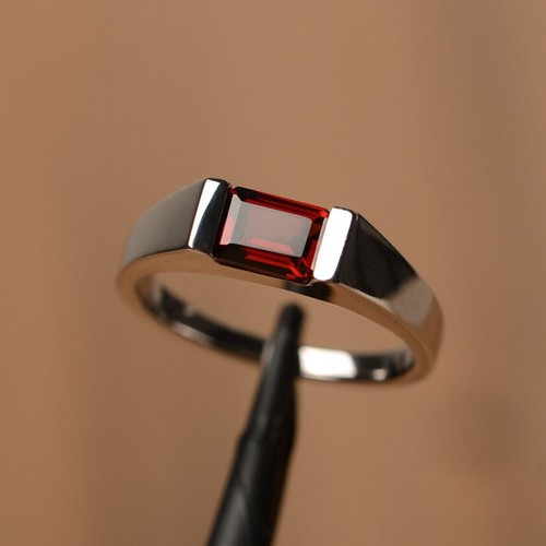 Red Garnet Women Ring Natural Gemstone Emerald Cut 925 Sterling Silver Ring - Picture 3 of 4