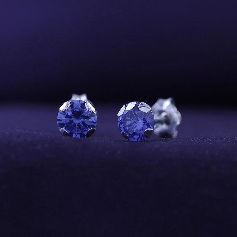 Aretes solitarios 6 mm redondos piedras preciosas de tanzanita oro macizo genuino 10K Foto 3 de 4