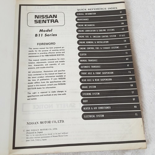 1986 Nissan Sentra B11 Series Factory Auto Shop Service Repair Manual Garage DIY - Picture 2 of 5