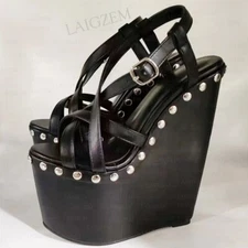 Women Sandals Platform Wedges 20CM High Heels Studded Strappy Handmade Hight Inc