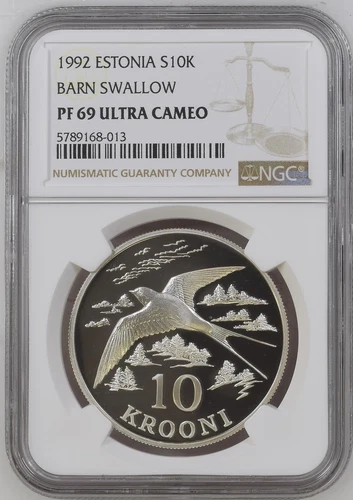 ESTONIA 10 Krooni 1992 Silver NGC PF69 Barn Swallow Bird