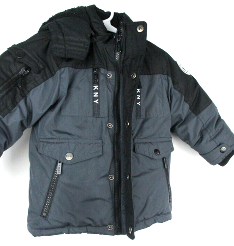 DKNY Cappotto Invernale Cappuccio Isolato Ecopelliccia Logo Doppia Chiusura Grigio Nero Taglia 2T - Foto 4 di 18