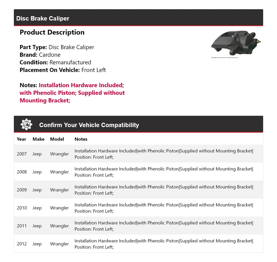 Pinza de freno de disco delantera izquierda Cardone 2008 2009 2010 para Jeep Wrangler 2007-2012 Foto 2 de 4