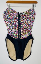 VTG SLIM SUIT PINK BLACK GRAPHIC ONE PIECE CORSET FRONT HIGH LEG SWIMSUIT XS/S