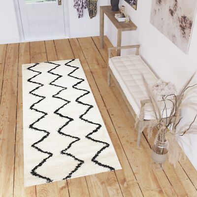 Teppichläufer Hochflor Shaggy Meterware Zig Zag Muster Weich Wohnzimmer ÖKOTEX