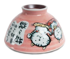 Mino ware Japanese Pottery Rice Bowl Cat pattern Red Manekineko made in Japan