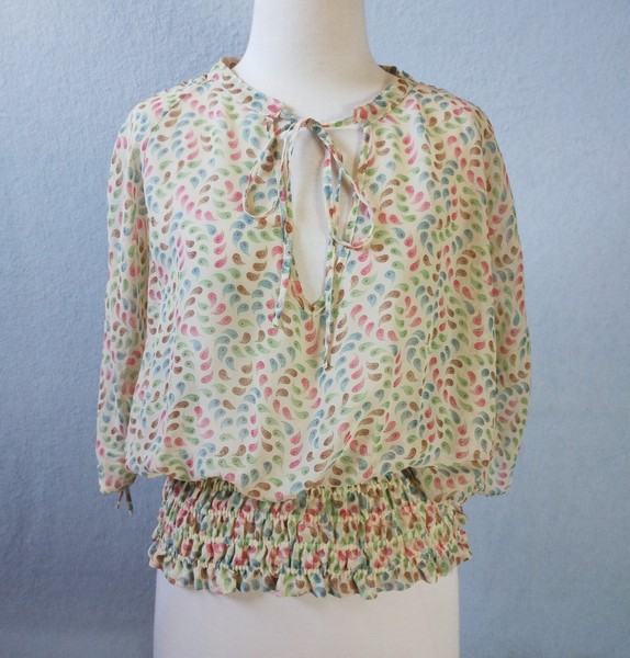 Sportsgirl Women Size S Cream Green Flared Balloon Sleeve Gypsy Boho Top Blouse