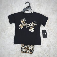 Girls Under Armour Leopard Logo Tshirt Printed Bike Shorts Set Black 12M 4