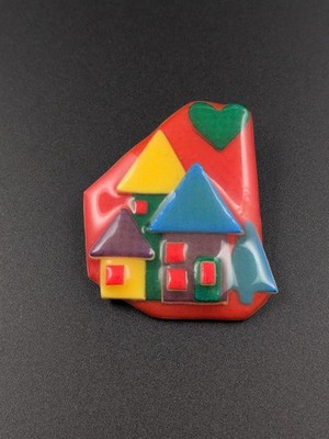 Brooch Pin Vintage House Pins by Lucinda Primary Secondary Colors Heart Tree